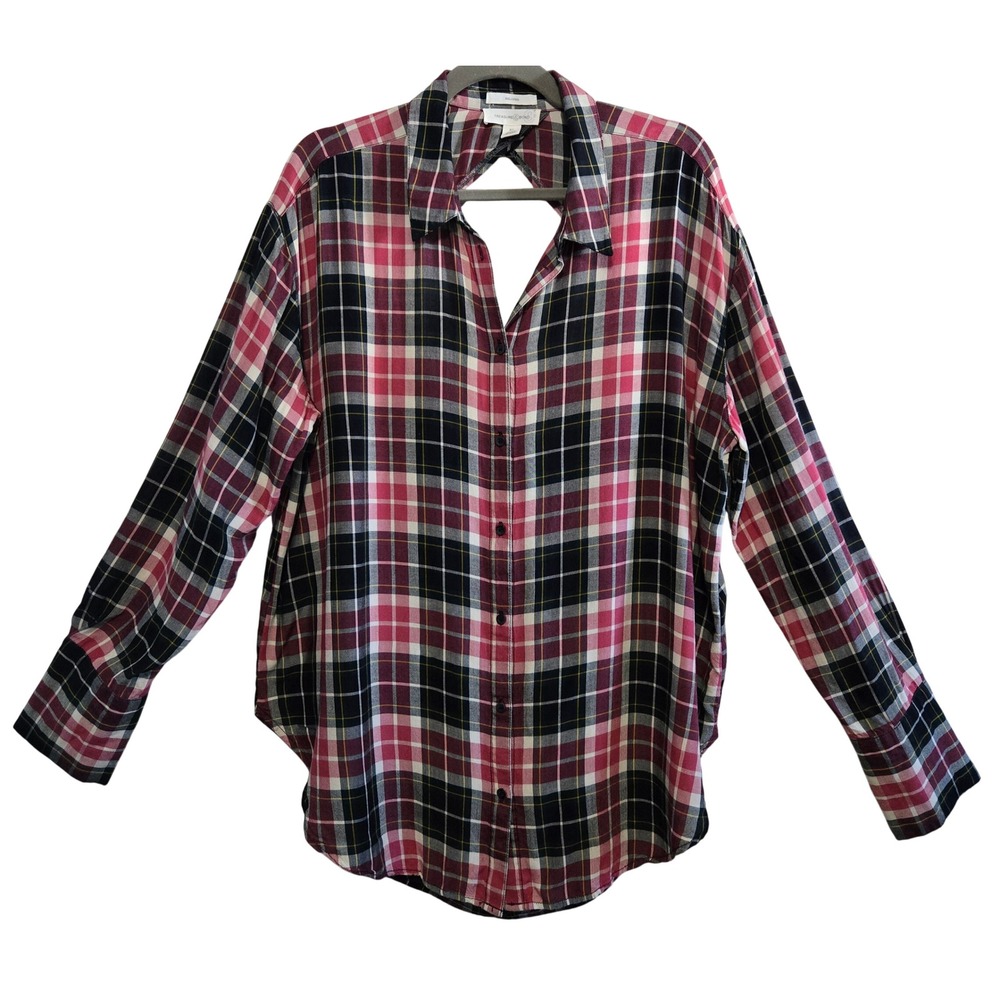 Treasure & Bond Fuchsia Black Plaid Relaxed Cutout Back Button Down Shirt XL